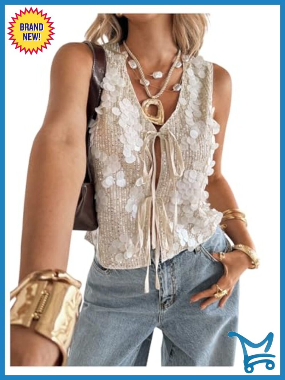 Sequin Sparkly Vest Top Sleeveless V-Neck Self Tie Summer Women's